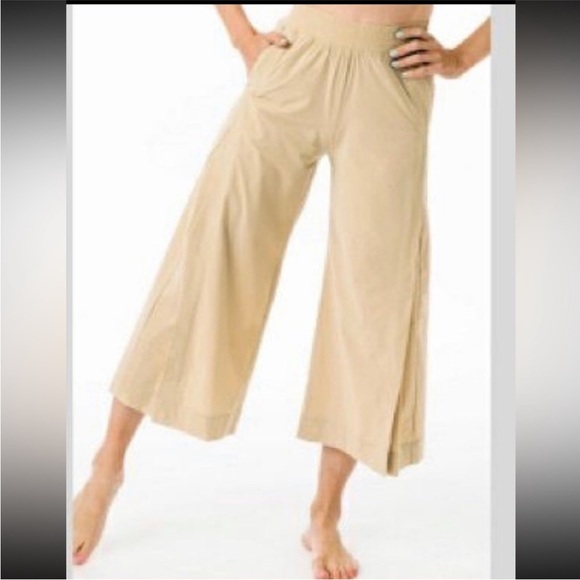 Zyia Active Work Flow Wide Leg High Rise Cropped Pants: Khaki Tan - Picture 1 of 11